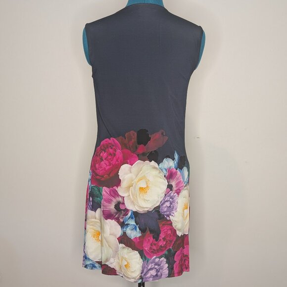 Ted Baker Navy and Floral Sleeveless Drape Front Dress, Size 2 - Picture 2 of 4